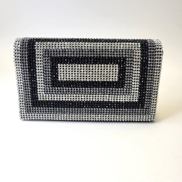 Black Silver Flap Clutch Purse with Rhinestones Formal Envelope Clutch Purse - Picture 1 of 15